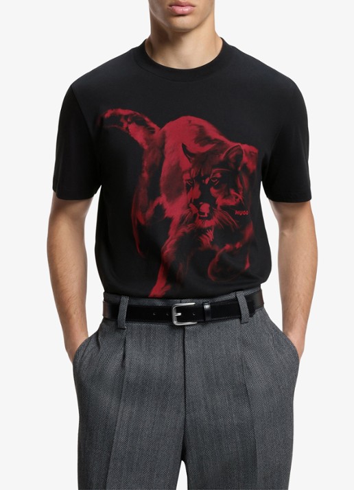 HUGO T-shirt met grafische print - detail zwart