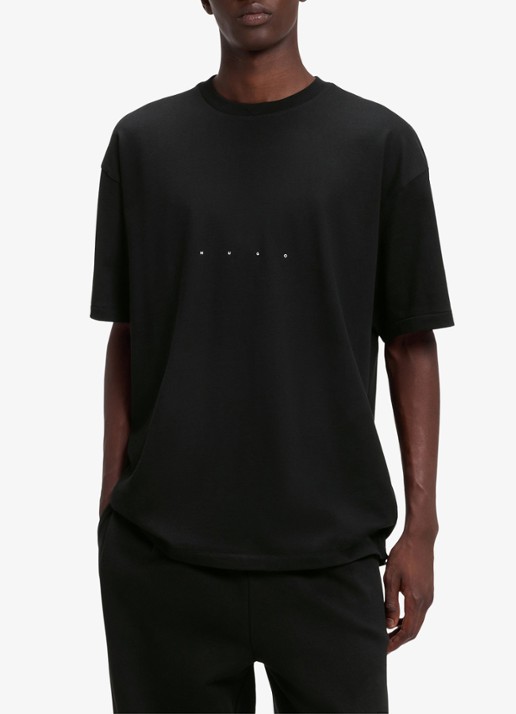 HUGO T-shirt met logo- en backprint - detail zwart