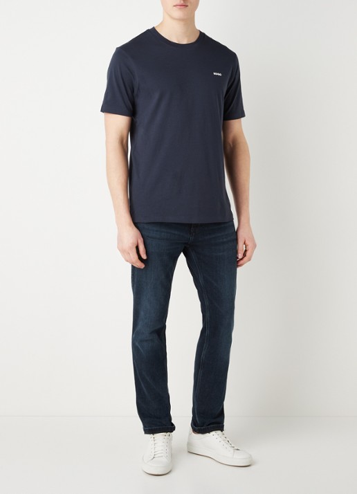 HUGO T-shirt van katoenen jersey met logoprint - voorkant 4 donkerblauw