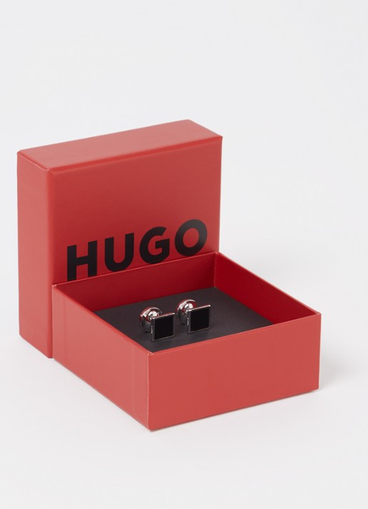 HUGO Vierkante manchetknopen met kern van email en logo - voorkant 2 zwart