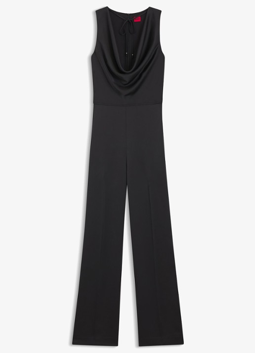 HUGO Wide fit jumpsuit van satijn met watervalhals - voorkant 5 zwart