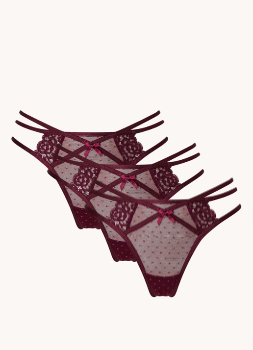 Hunkemöller Melda string met lurex en kant in 3-pack - voorkant 4 aubergine