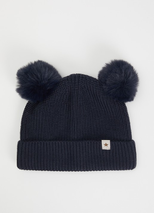 Huttelihut Ribgebreide muts van wol - voorkant donkerblauw