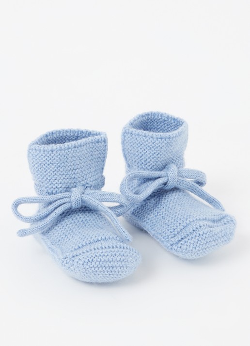 Hvid Babyslofjes van merino wol - voorkant lichtblauw
