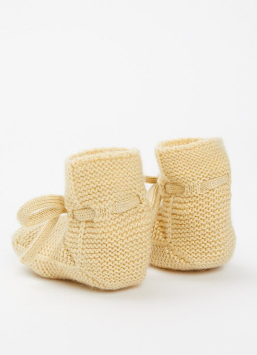 Hvid Babyslofjes van merino wol - achterkant 2 lichtgeel