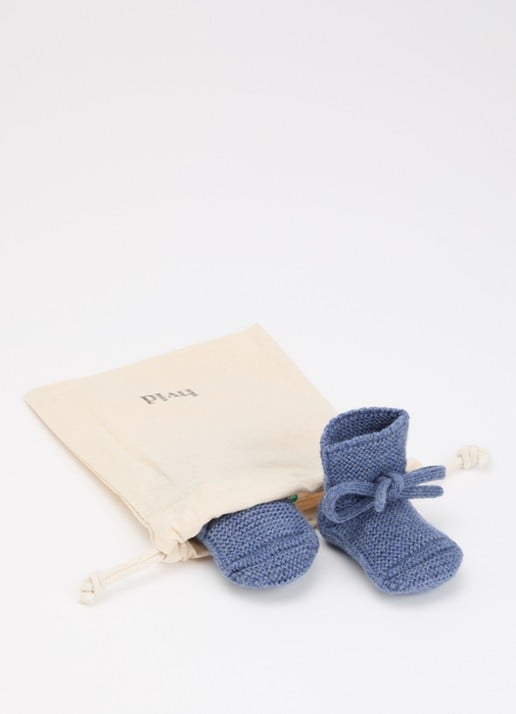 Hvid Original Booties babyslofje met strikdetail - voorkant 2 staalblauw