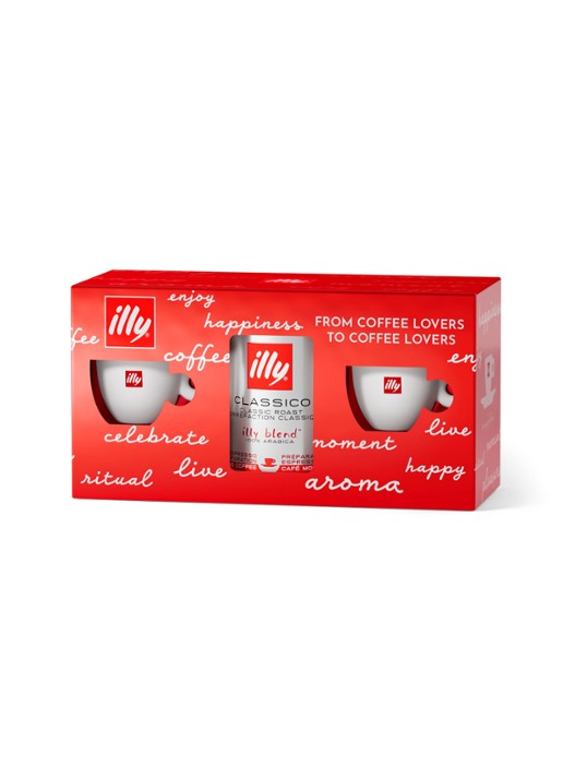 illy Gemalen koffie in geschenkverpakking 1 x 250 gram en espresso kopje set van 2