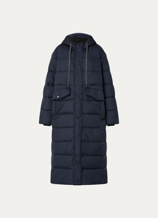 Ilse Jacobsen Longline puffer jack met capuchon - voorkant 3 donkerblauw