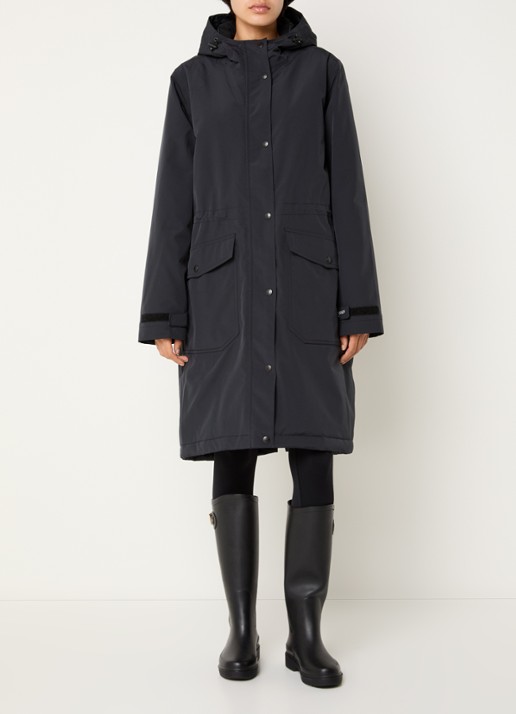 Ilse Jacobsen Longline regenjas met klepzakken - detail zwart
