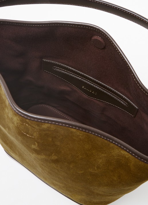 Sandro Dames Schoudertas van kalfssuède met leren details in de kleur Khaki