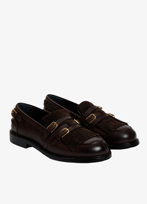 Sandro Dames Loafer van leer met gespjes in de kleur Brown / Bruin