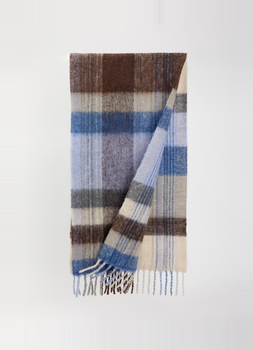 Sessùn Dames Lucio sjaal in alpaca wolblend met ruitdessin en franjes 200 x 45 cm in de kleur Blauw