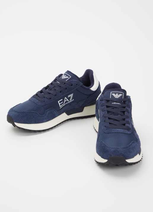 Armani Heren Sneaker met logo en suède details in de kleur Donkerblauw
