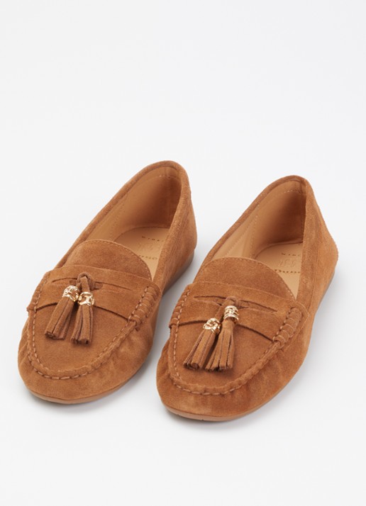 Dune London Dames Wide Fit Geen mocassin van leer met franjes in de kleur Bruin