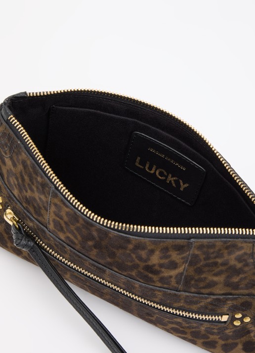 Jérôme Dreyfuss Dames Lucky clutch van kalfssuède met panterprint in de kleur Donkerkhaki, maat: 1SZ