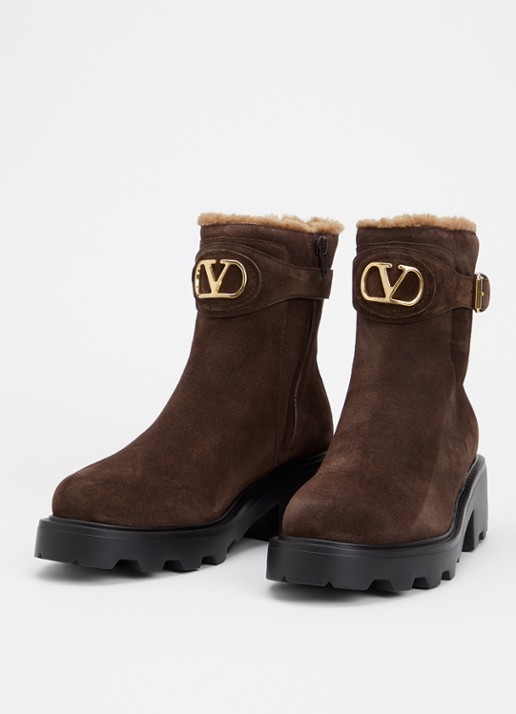 Valentino Garavani Dames VLogo Signature enkellaarsje van kalfssuède in de kleur Donkerbruin, maat: 39