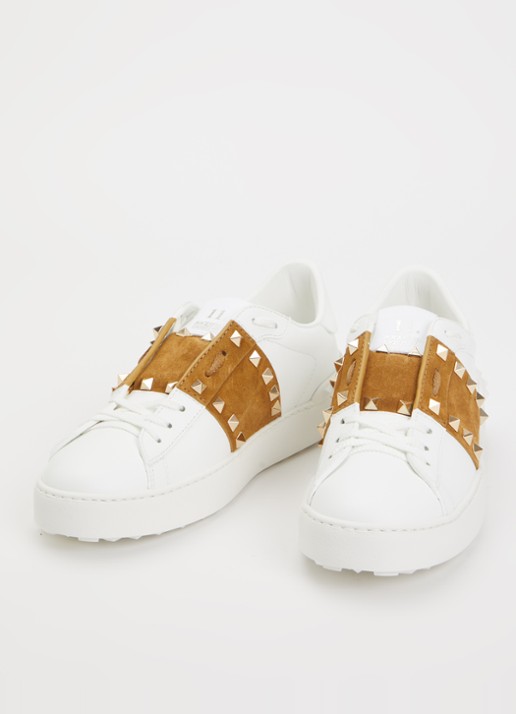 Valentino Garavani Dames Rockstud sneaker van kalfsleer met suède details in de kleur Cognac, maat: 37