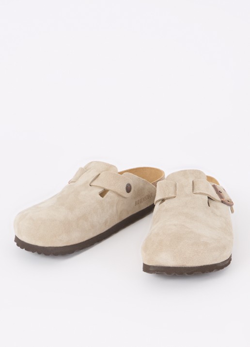 Birkenstock Heren Narrow Fit Boston muiltje van suède in de kleur Taupe, maat: 41