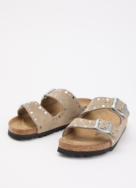 Birkenstock Dames Arizona Rivet slipper van suède met studs in de kleur Khaki, maat: 38