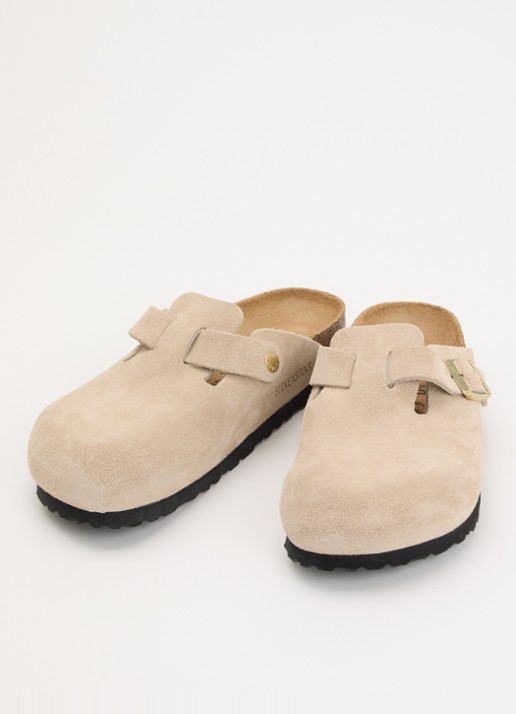 Birkenstock Dames Narrow Fit Boston muiltje van suède in de kleur Beige, maat: 38