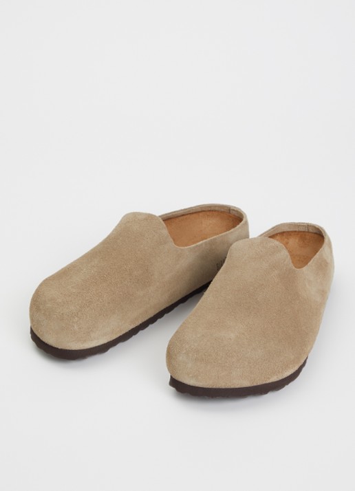 Birkenstock Dames Narrow Fit Amsterdam Wrapped muiltje van suède in de kleur Taupe, maat: 41