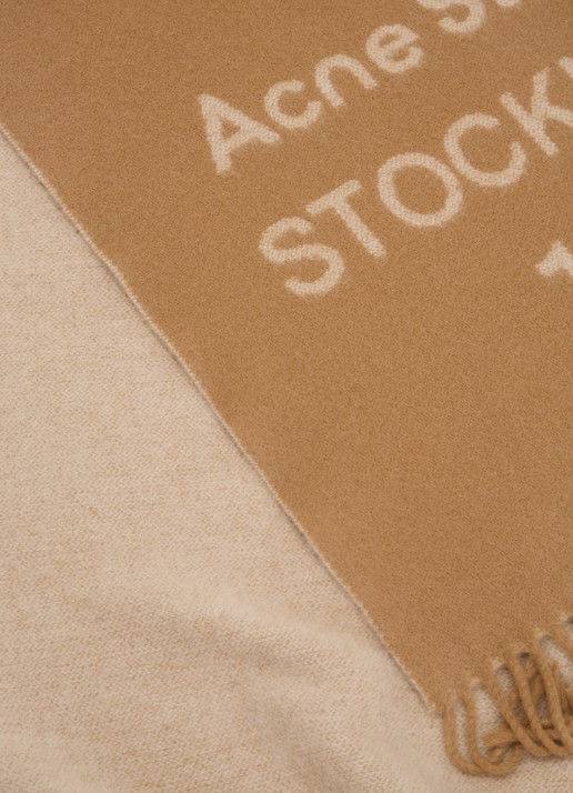 Acne Studios Heren Sjaal van wol met logoprint 180 x 40 cm in de kleur Camel, maat: One Size