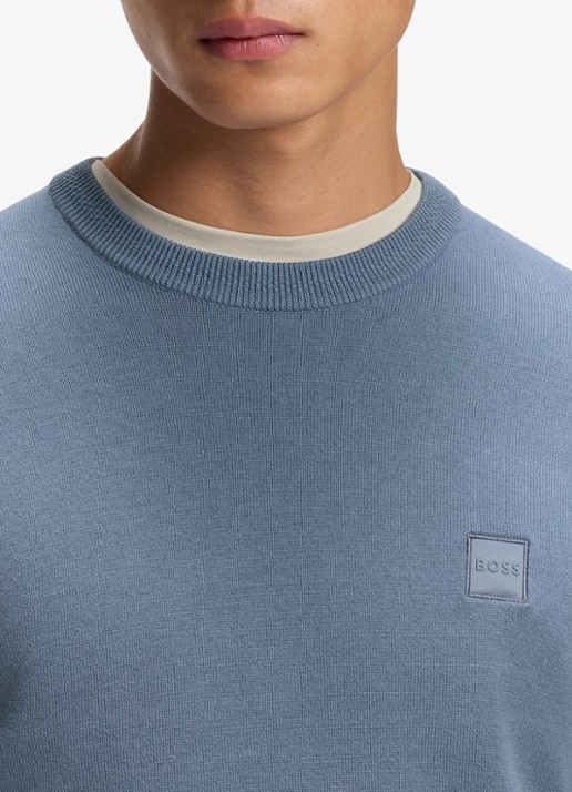BOSS Heren Gebreide trui van katoen en kasjmier met logolabel in de kleur Medium Blue-424 / Blauw