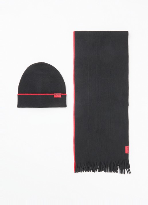 HUGO Heren Fijngebreide muts en sjaal 172 x 23 cm in giftbox in de kleur Zwart