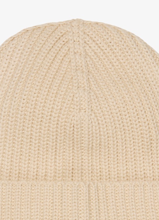 Marc O'Polo Dames Ribgebreide muts met logo in de kleur Smokey Sands / Crème