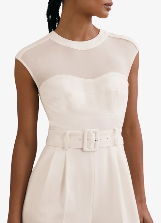 Reiss Dames Alba wide fit jumpsuit met mesh en ceintuur in de kleur Wit