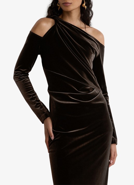 Reiss Dames Koda gedrapeerde off-shoulder midi-jurk van fluweel in de kleur Bruin