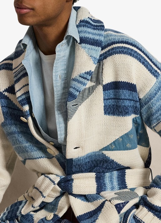 Ralph Lauren Heren Grofgebreid vest met ingebreid patroon en strikceintuur in de kleur Cream Blue Combo / Blauw