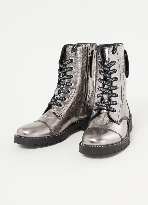 Zadig&Voltaire Dames Joe Vintage veterboot van leer met metallic finish in de kleur Zilver