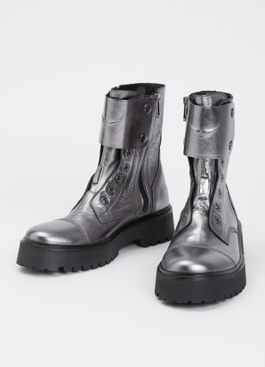 Zadig&Voltaire Dames Joe Fast biker boot van leer met metallic finish in de kleur Zilver