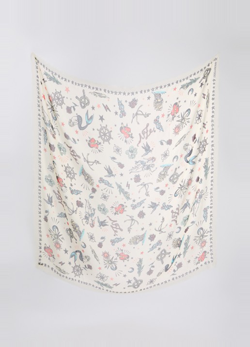 Zadig&Voltaire Dames Kerry Tattoo sjaal met print 135 cm x 135 cm in de kleur Ivoor