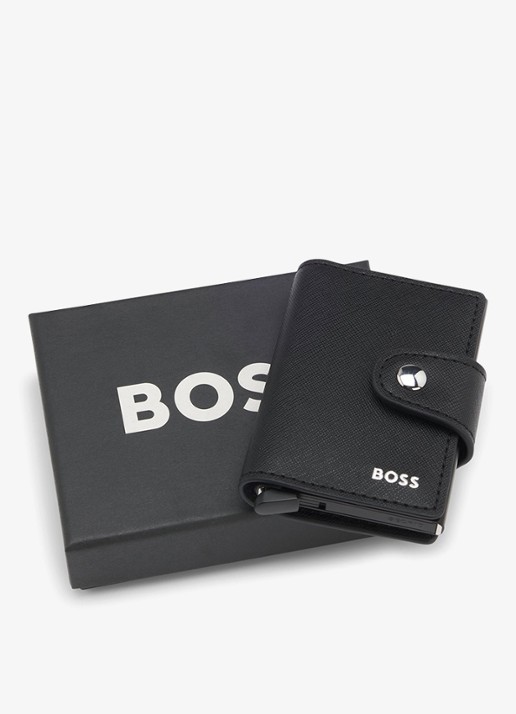 BOSS Heren Pasjeshouder van leer met logo in de kleur Zwart