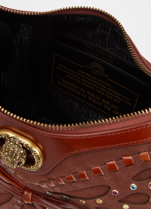 Kurt Geiger Dames Chelsea hobo butterfly small schoudertas van suéde met leren details in de kleur Bruin, maat: one size