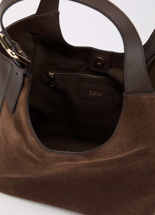 FURLA Dames Dora L schoudertas van suède met kalfsleren details in de kleur Bruin, maat: 1SZ