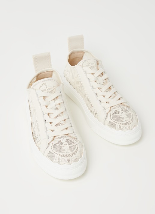Chloé Dames Lauren sneaker van kant met kalfsleren details in de kleur Creme, maat: 37