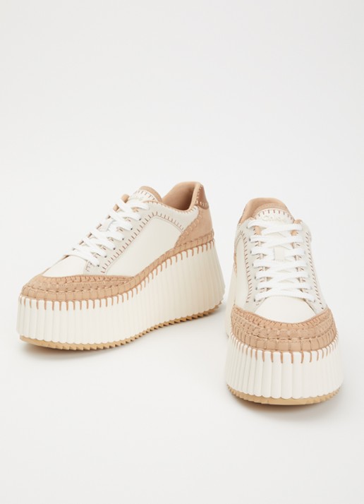 Chloé Dames Nama Wedge sneaker van leer met details van suède in de kleur Creme, maat: 41