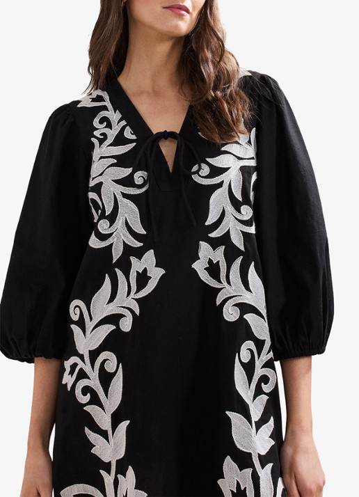 Phase Eight Dames Bettie mini tuniekjurk in linnenblend met borduring in de kleur Zwart