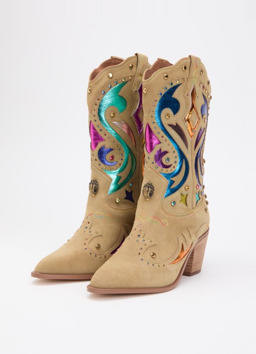 Kurt Geiger Dames Kensington cowboylaars van suède met strass in de kleur Khaki, maat: 38