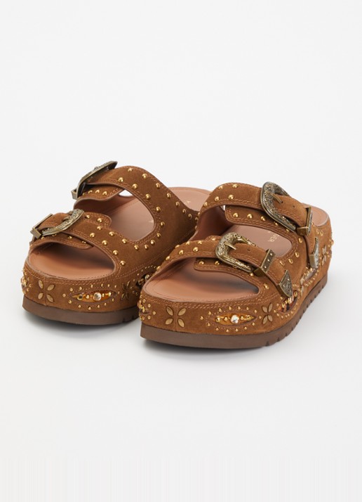Kurt Geiger Dames Western Buckle Flatform sandaal van suède met studs in de kleur Bruin, maat: 40