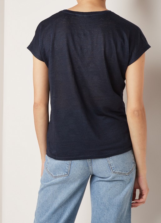 InWear Faylinn semi-transparant T-shirt van linnen - achterkant donkerblauw