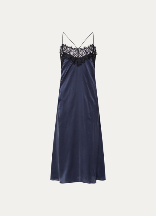 IRO Bailar midi jurk van zijde met details van kant en spaghettibandjes - voorkant 2 donkerblauw