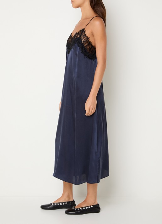 IRO Bailar midi jurk van zijde met details van kant en spaghettibandjes - voorkant 3 donkerblauw