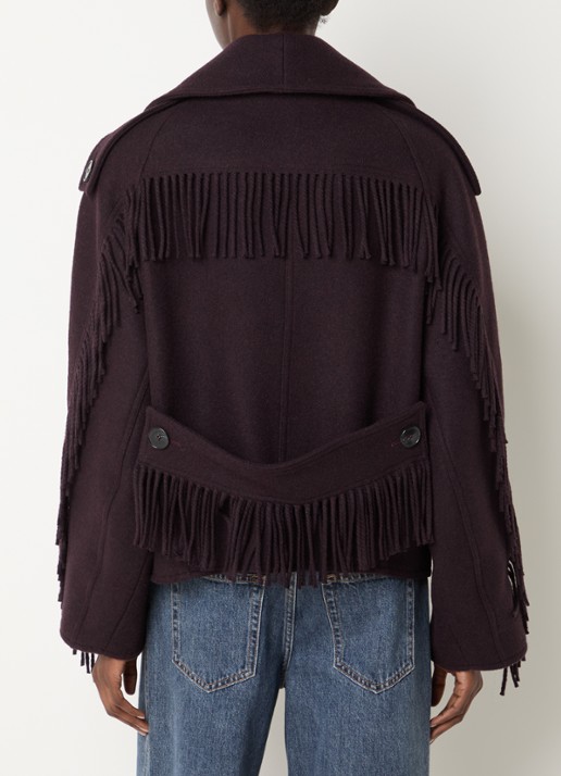 IRO Daring double-breasted mantel in wolblend met franjes - achterkant aubergine