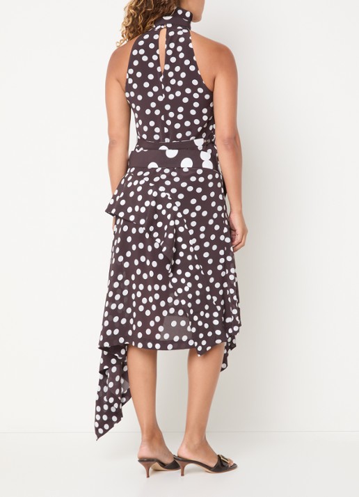 IRO Delila midi jurk met stippenprint en asymmetrisch detail - achterkant 4 donkerbruin