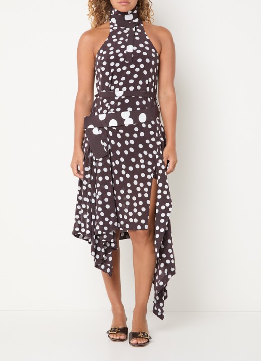 IRO Delila midi jurk met stippenprint en asymmetrisch detail - voorkant 2 donkerbruin