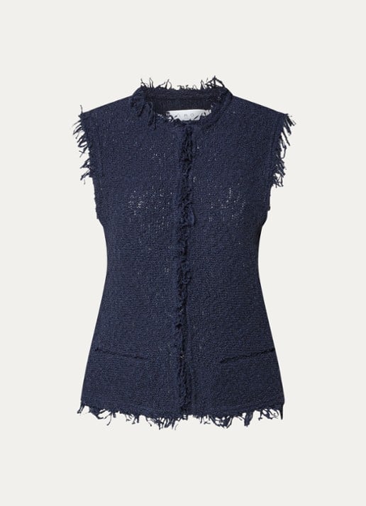 IRO Shanny gilet met franjes en paspelzakken - voorkant 2 donkerblauw